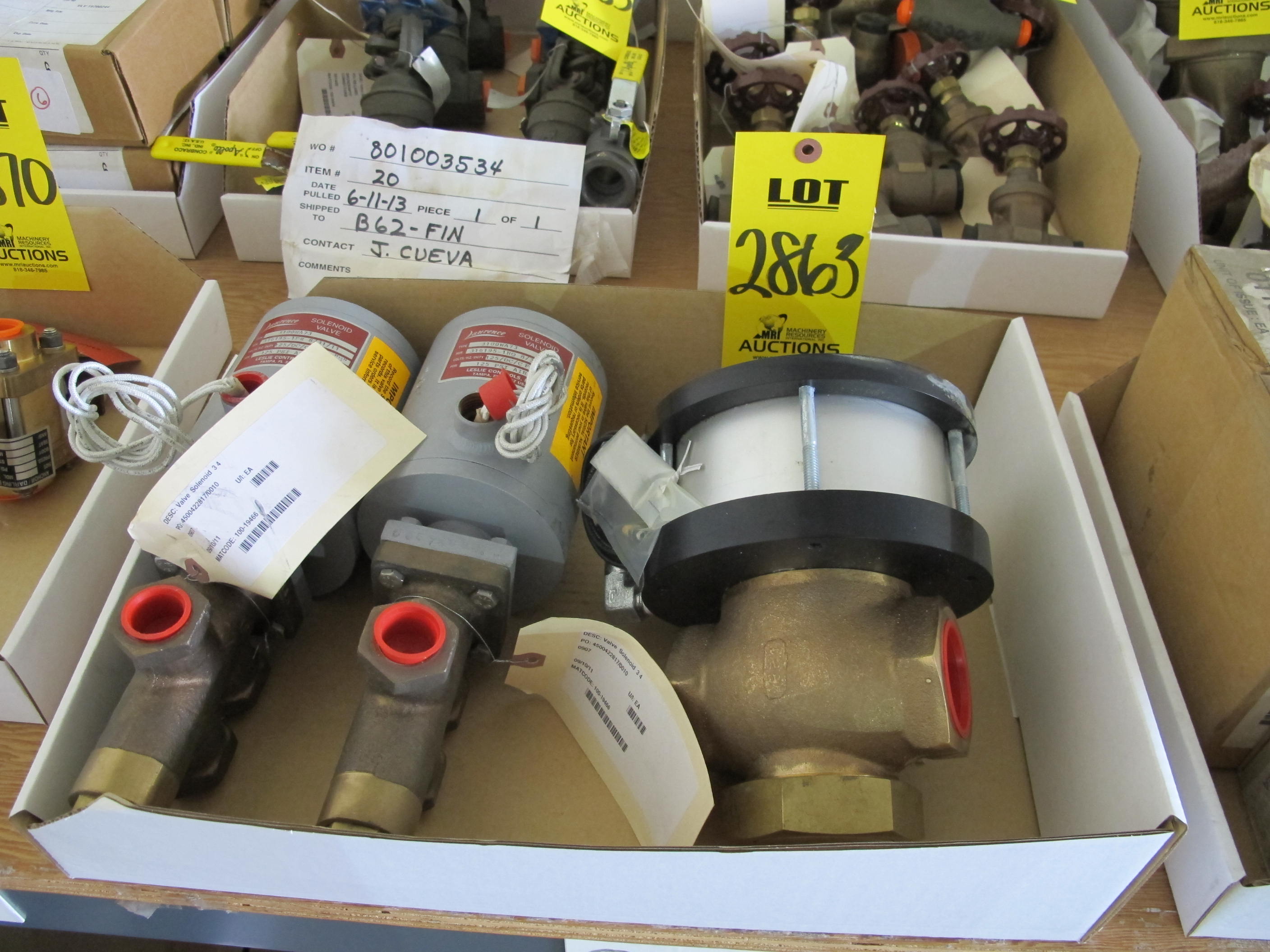 LOT (3) TO INCLUDE: (2) VALVE, SOLENOID TYPE, 3/4" SIZE, 125VDC, 105/140VDC 400 MILLIAMPS RATING, BRASS MATERIAL, FNPT CONNECTIONS, 3-WAY STYLE, 125PSI AIR RANGE. CONTINUOUS DUTY, COIL INSULATION CLASS H, NEMA-4 ENCLOSURE. NORMALLY OPEN.C863 PART # 3100WA73, (1) 1" SOLENOID VALVE, LEXAIR MFG (W-51) LOADING & HANDLING FEE $5-